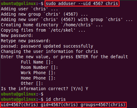 adduser command to assign a custom UID