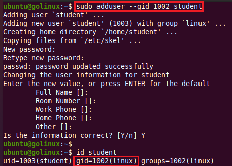 adduser command to assign a specific GID