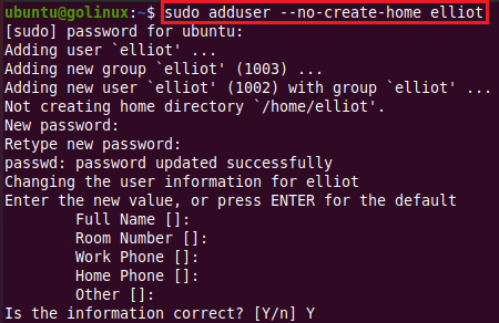 adduser command to create a user without a home directory