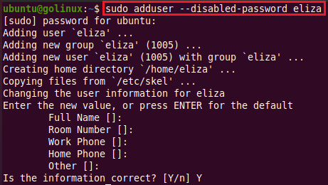 adduser command to create a user without password