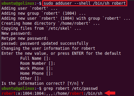 adduser command to set a custom login shell