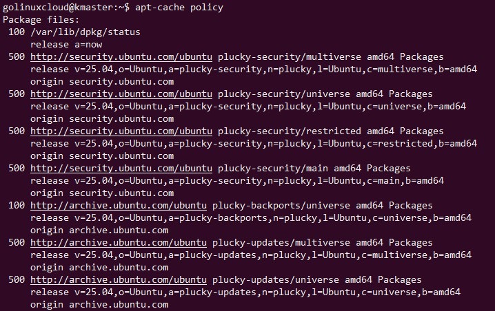 apt-cache policy command output showing package version priority