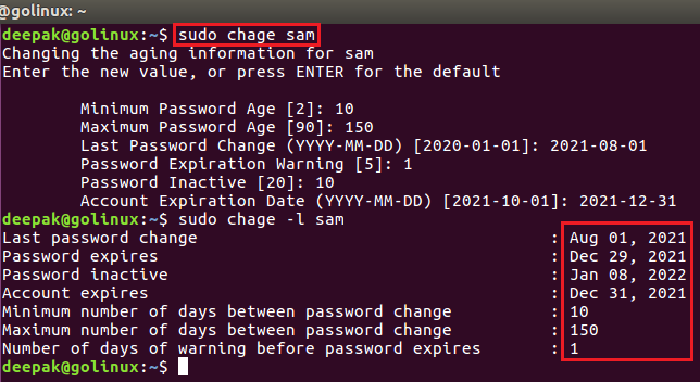 using chage command in interactive mode in Linux