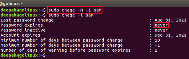 chage command to set password never expire in Linux