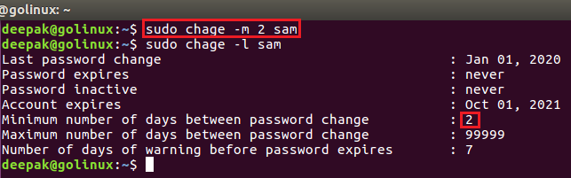 chage command to set minimum password age in Linux