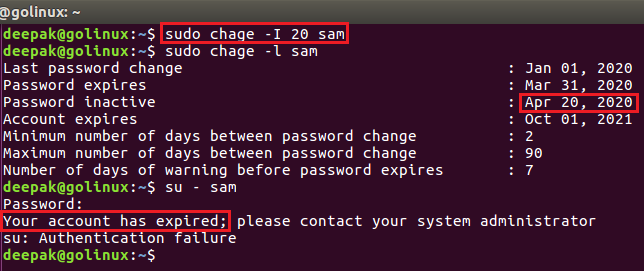 chage command to lock user account after password inactivity in Linux