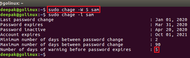 chage command to set password expiry warning days in Linux