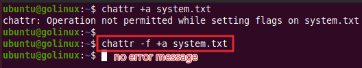 chattr command to suppress error messages in Linux