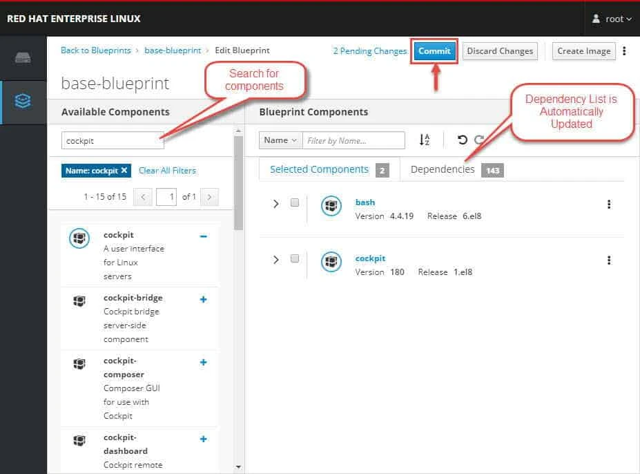 To save the blueprint, click Commit in the top right A dialog with a summary of the changes pops up. Click Commit. A small pop-up on the right informs you of the saving progress and then the result.