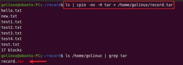 create tar archive using cpio command
