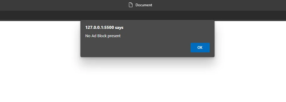 The Browser Windows with an Alert Windows showing the text "No Ad blocker present"