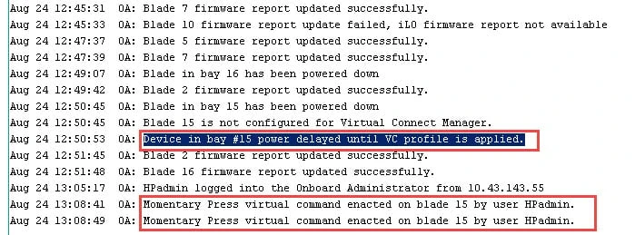 Device in bay #X power delayed until VC profile is applied