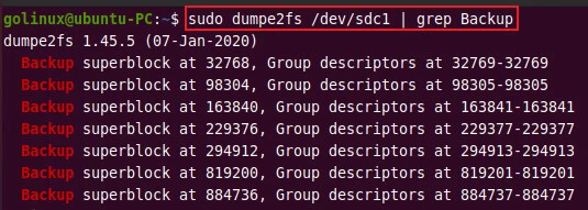 dumpe2fs command to display backup superblock information