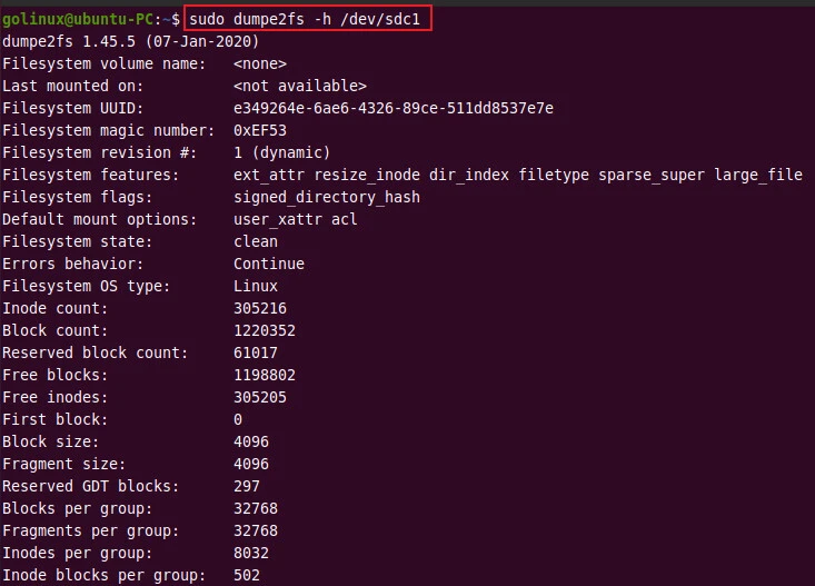 dumpe2fs command to display superblock information only