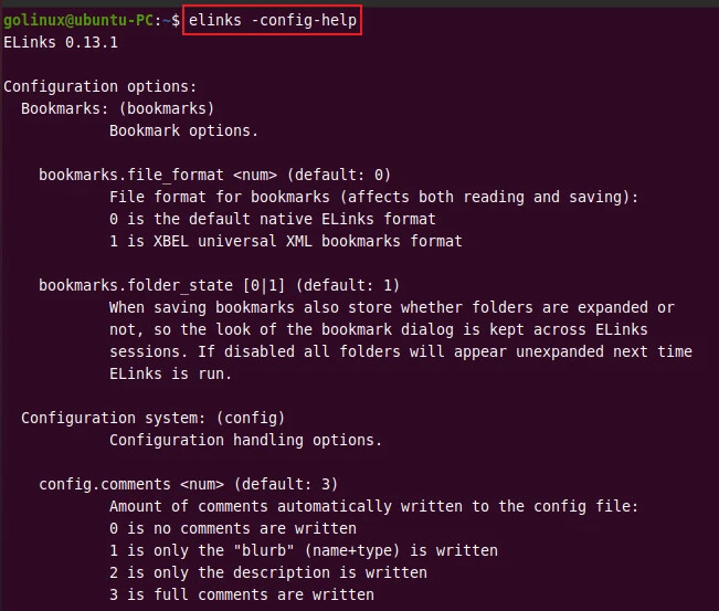 elinks configuration help options