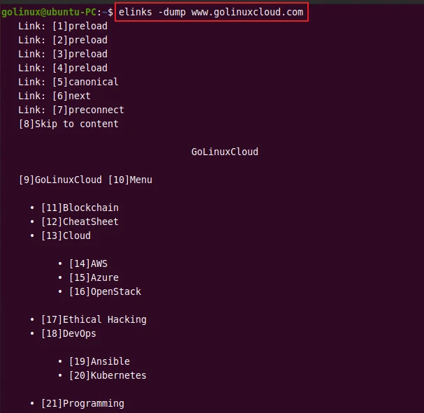 elinks to print plain text versions of url