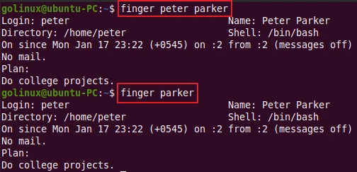 finger command to display user information by their full name