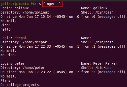 finger command to display user information in long format