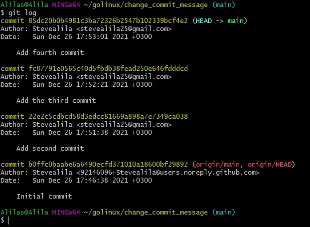 four commits to practice git change commit message