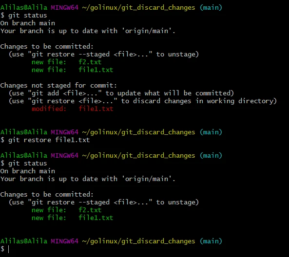 git discard changes using the restore command
