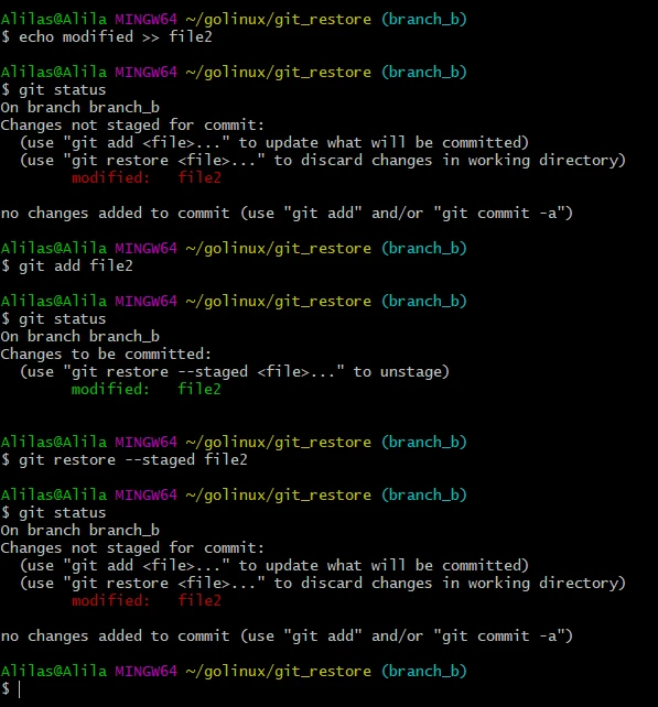 git restore using the staged flag