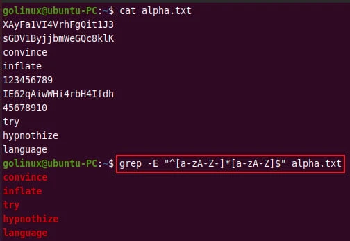 grep strings with alphabetic characters only