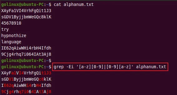 grep strings with alphanumeric characters only
