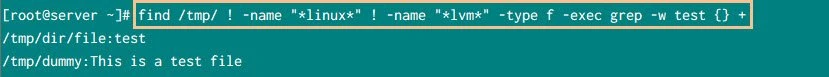 find exec with NOT operator to exclude files