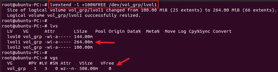 lvextend command to extend logical volume using free space in volume group