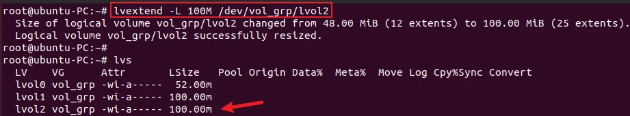 lvextend command to extend size of logical volume