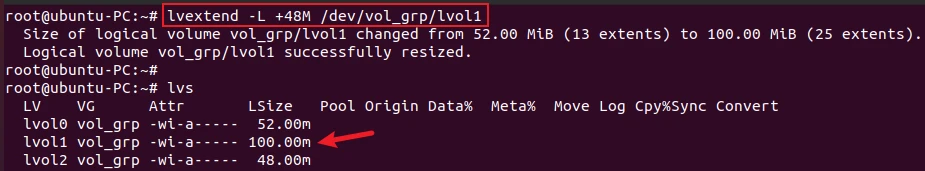 lvextend command to extend the size of logical volume