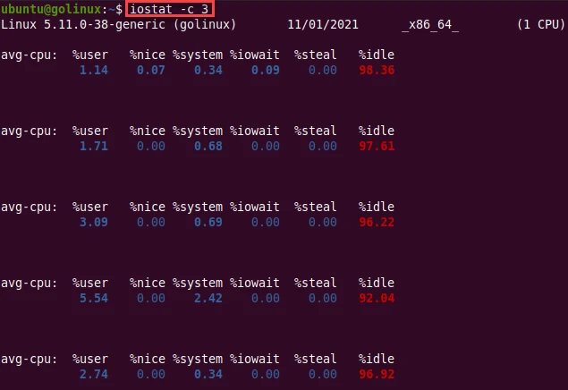 iostat command to display cpu utilization report at 3 seconds interval