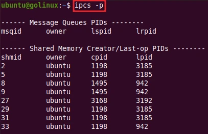 ipcs command to show PIDs of creator and last operator