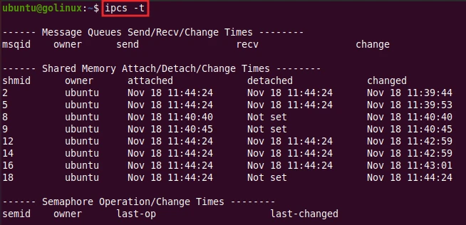 ipcs command to show attach, detach and change times