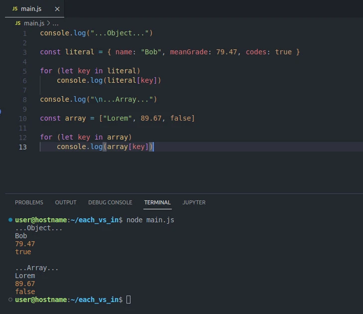JavaScript each vs in