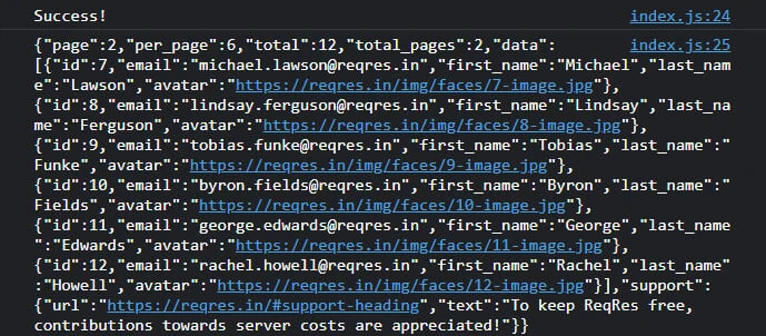 "Success" logged into the console, followed by the API JSON response.