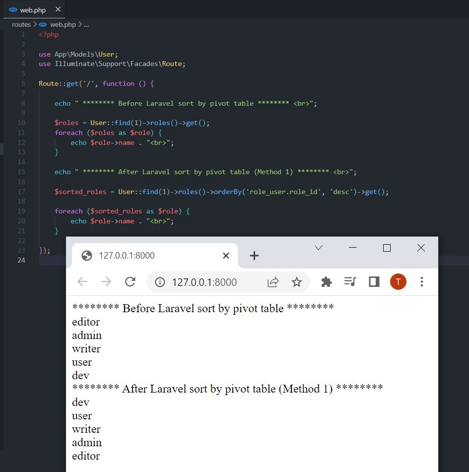 Laravel sort by pivot table using orderBy method