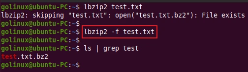 lbzip2 command to overwrite existing file