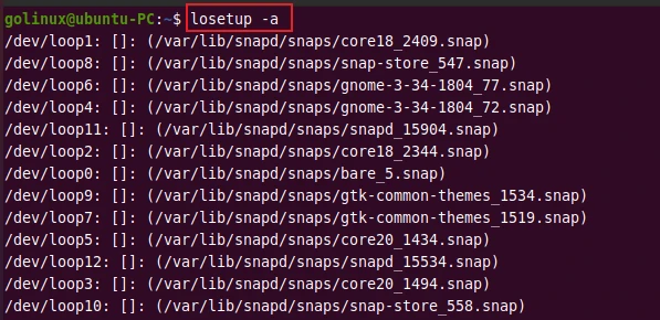 losetup command to show status of all loop devices