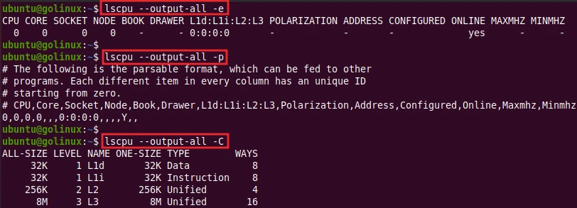lscpu command to output all columns