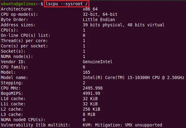 lscpu command to gather information from directory