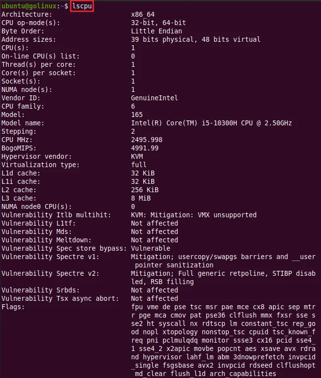lscpu command to display CPU architecture information