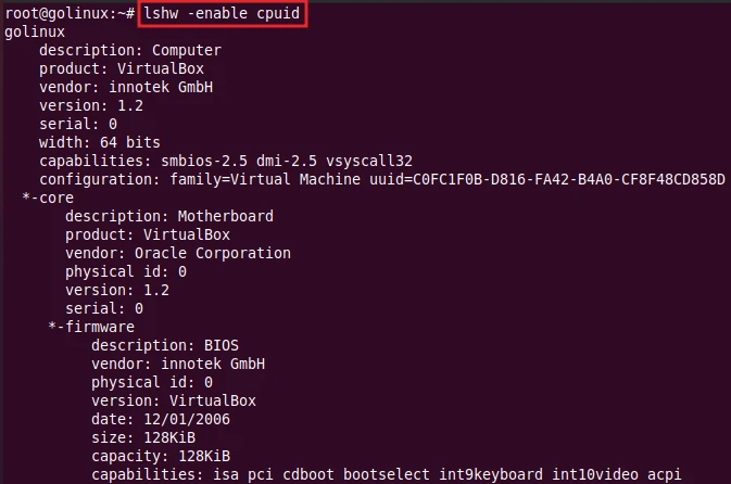 lshw command to enable a test