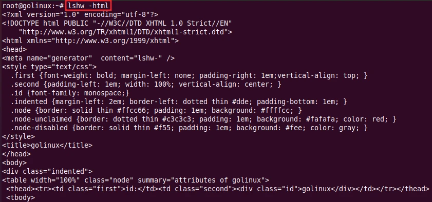 lshw command to display information in html format