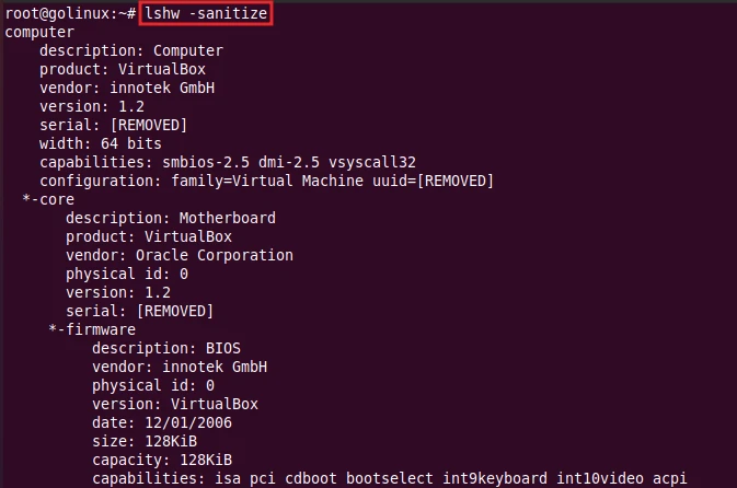 lshw command to remove sensitive information