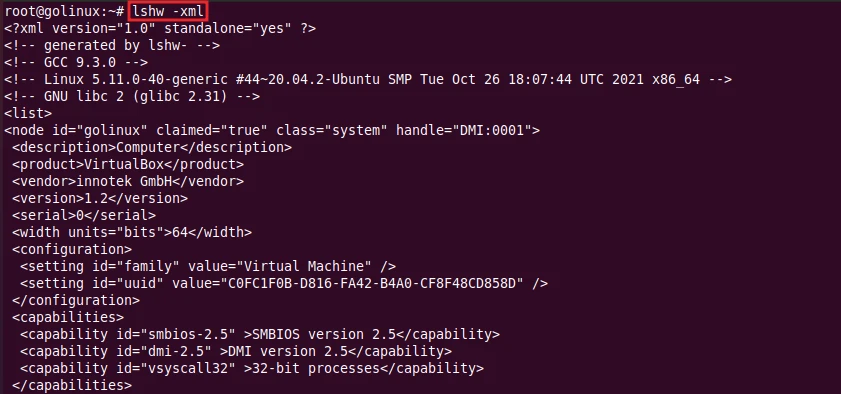 lshw command to display information in xml format