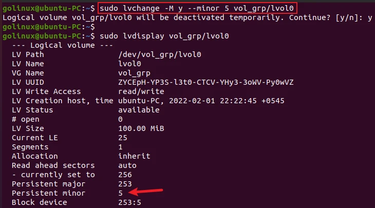 lvchange command to make the minor device number persistent for the logical volume