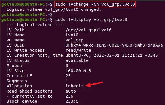 lvchange command to reset contiguous allocation policy
