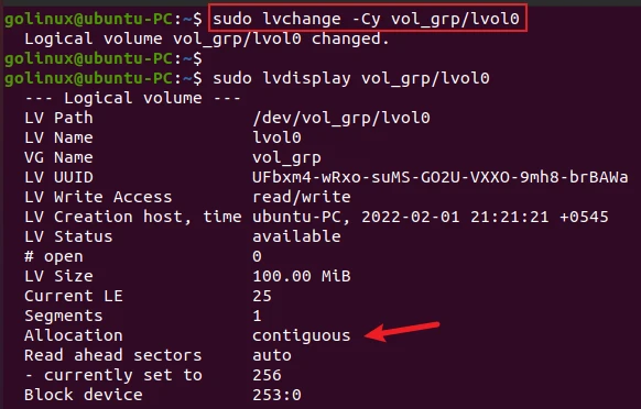 lvchange command to set contiguous allocation policy