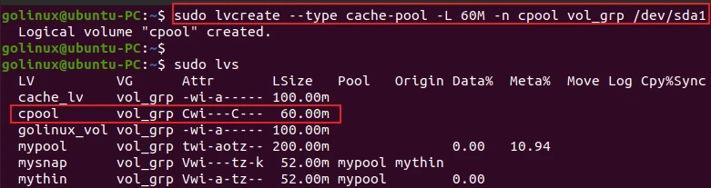 lvcreate command to create a cache pool